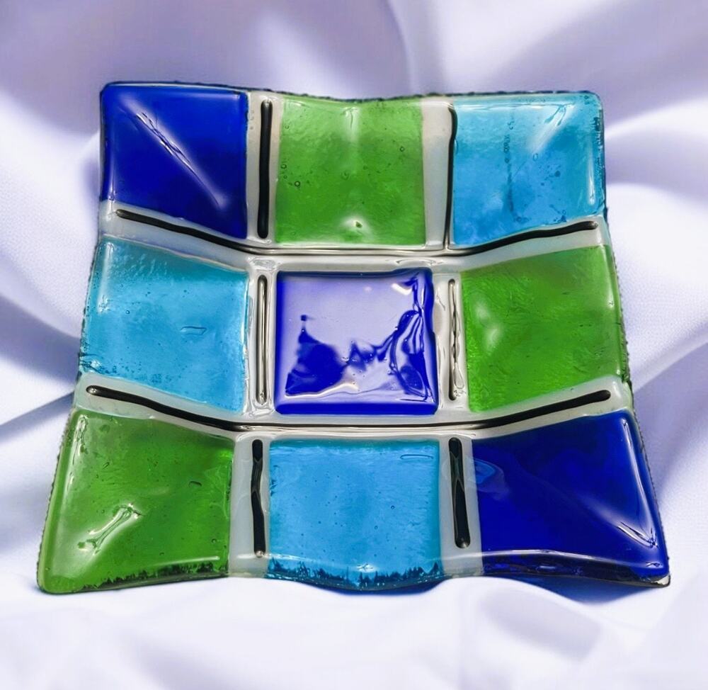 Vintage Murano Checkerboard Grid Design Fused Glass Trinket Dish